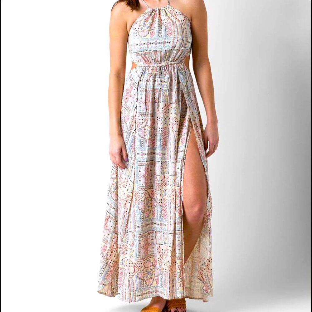 Billabong Printed High Neck Halter Boho Multicolor Pattern Aztec Maxi Dr…